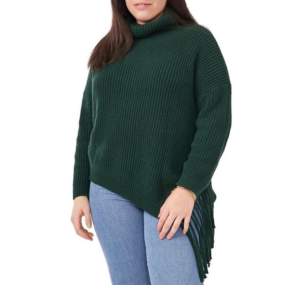 Vince Camuto Plus Solid Green Asymmetric Turtleneck Sweater Fringe Pullover NEW - Picture 1 of 12